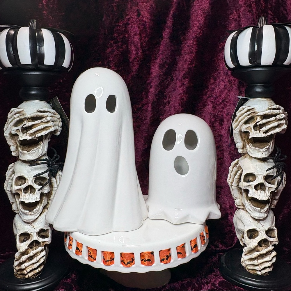 Martha Stewart Spooky Season Halloween Ceramic White Light Up Ghosts - Set Of 2